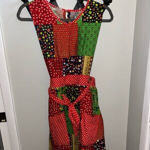 Vintage 70s Pinafore Apron Wrap Dress Red Blue Patchwork Boho Kenton One Size